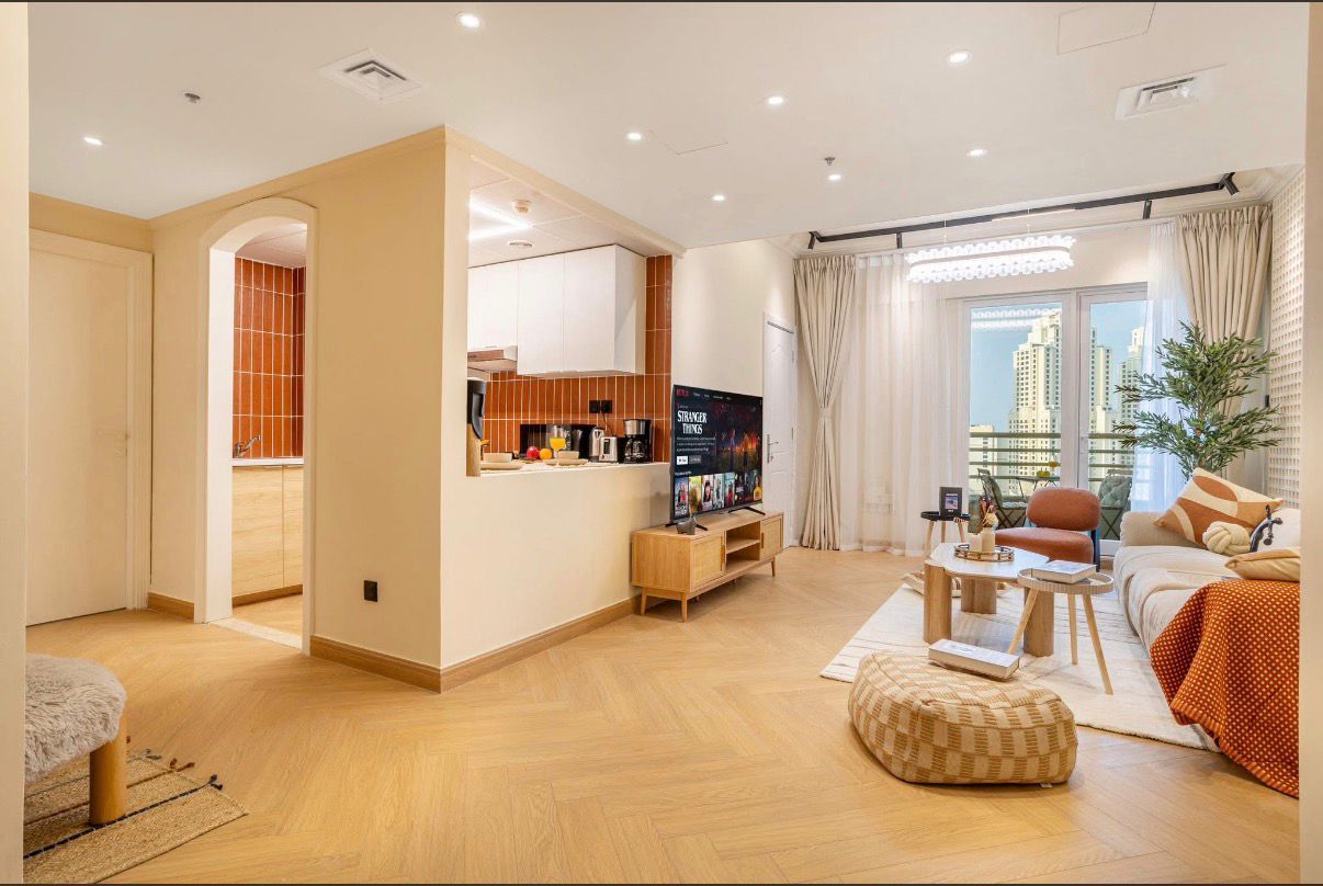 Fully furnished Marina apartment living room